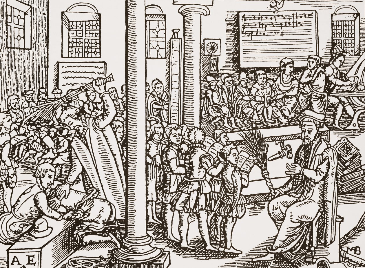 Zeitgenössischer Holzschnitt einer Tudor-Grundschule von English School