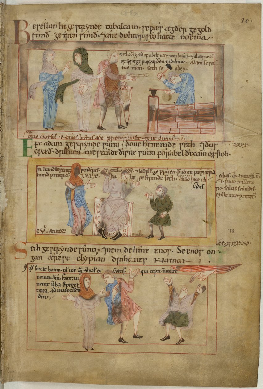 Lamech und seine zwei Frauen und sein Sohn, Tubalcain, der Schmied, bei der Arbeit von English School