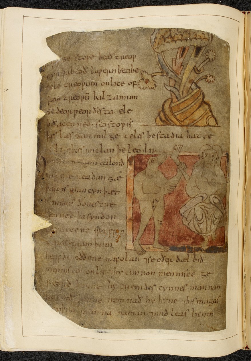 Ein Baum, aus dem Balsam wächst; ein Donestre, ein bestienköpfiger Mann, der links ein menschliches Bein und einen Fuß hält, und eine Person rechts, Illustration aus Beowulf, aus dem 