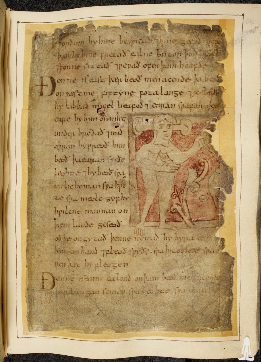 Ein Panotii, d.h. ein Mann mit Ohren, die auf Stielen herausragen, hält einen Gegenstand, der wie ein Bogen aussieht, Illustration aus Beowulf, aus dem 