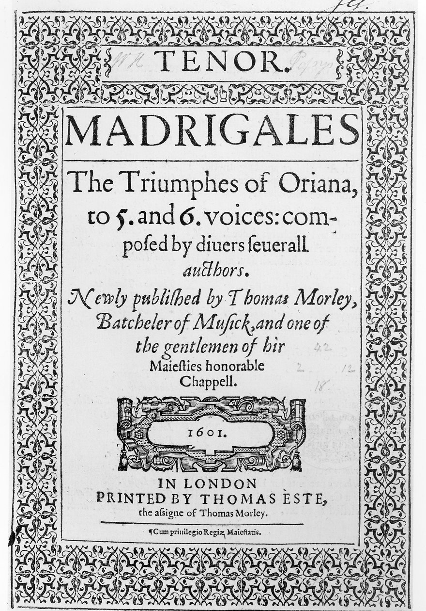 Umschlag zum Tenorpart von The Triumphes of Oriana, veröffentlicht von Thomas Este, 1601 von English School