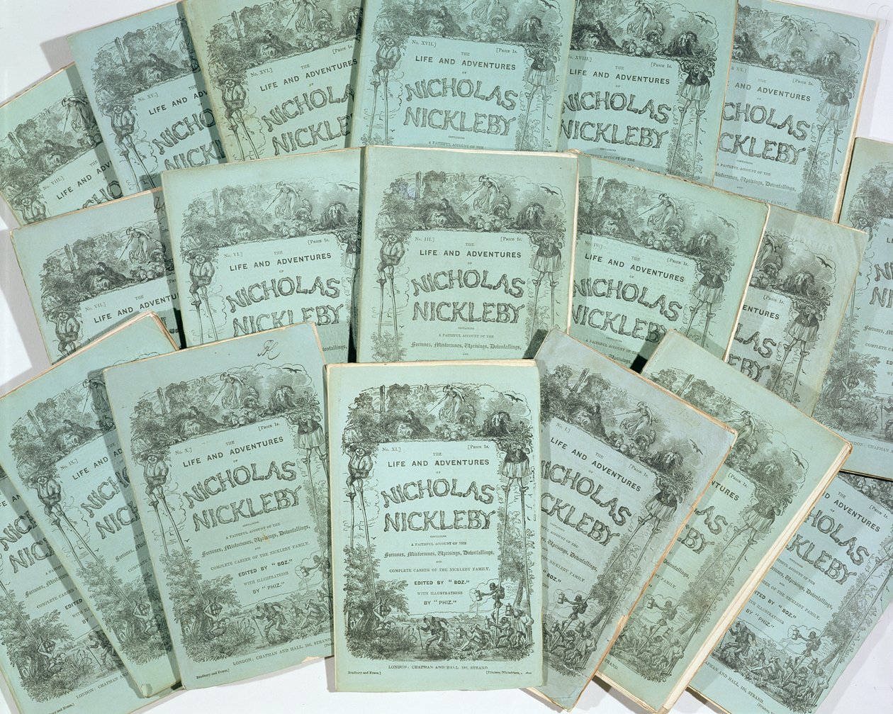Umschläge der monatlichen Ausgaben von The Life and Adventures of Nicholas Nickleby von Charles Dickens, veröffentlicht 1839 von English School