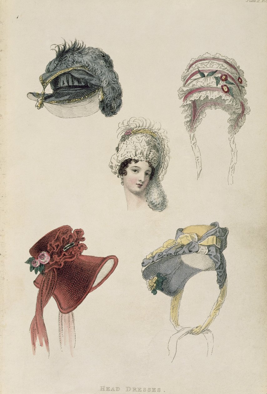 Tageshüte, Modeplatte aus Ackermanns Repository of Arts von English School
