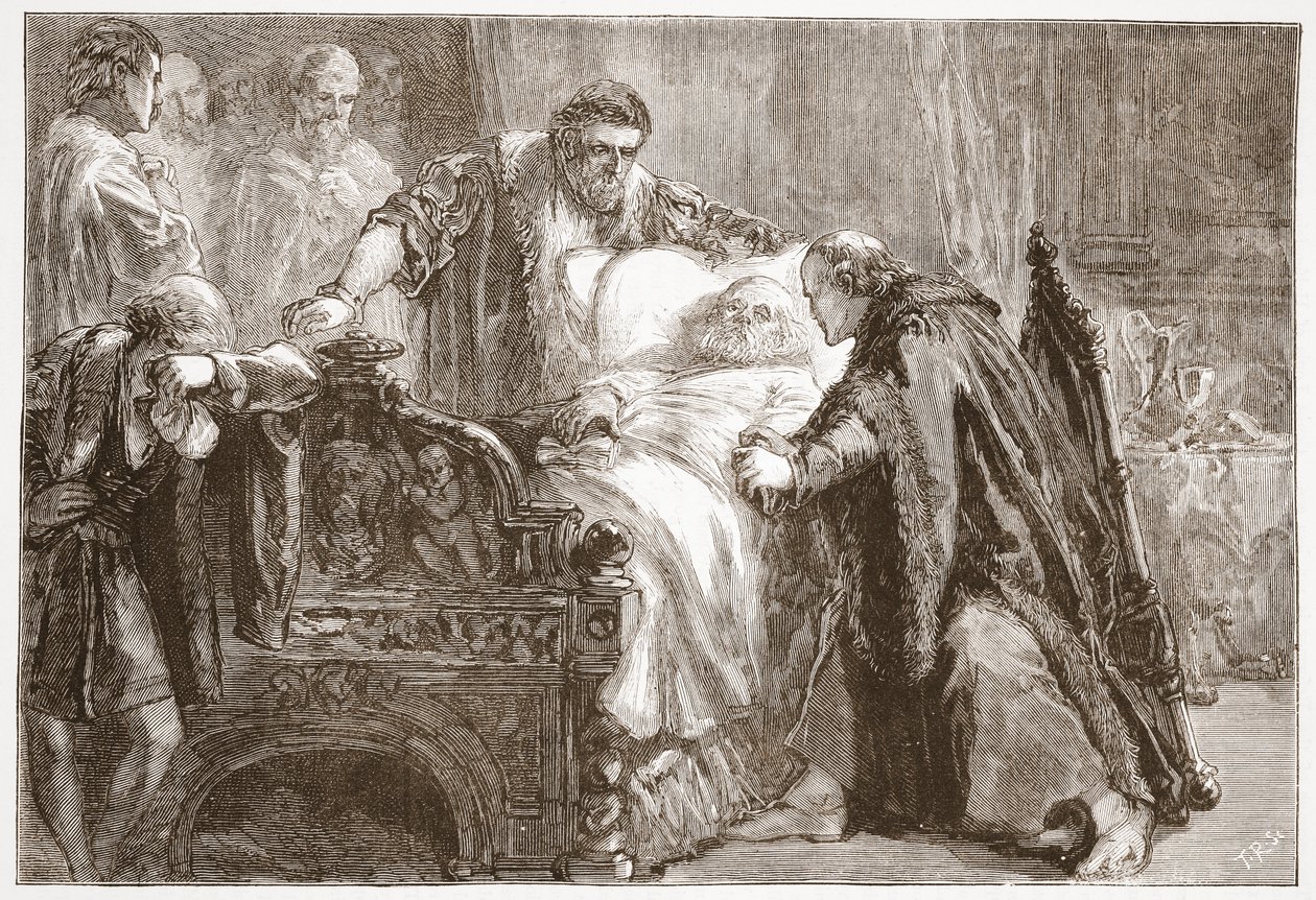 Tod von Friedrich dem Weisen, Kurfürst von Sachsen, Illustration aus Die Geschichte des Protestantismus von James Aitken Wylie, veröffentlicht 1878 von English School