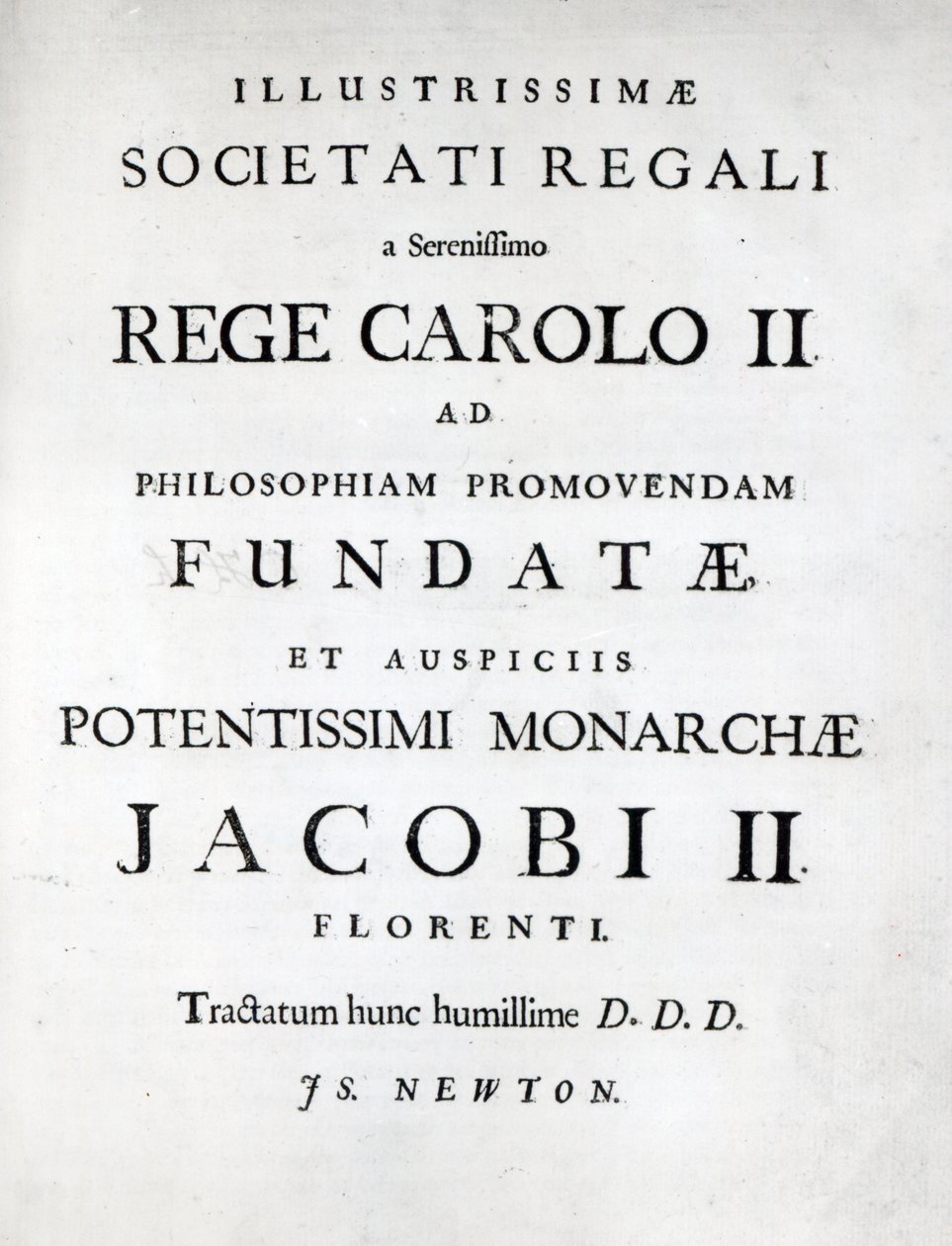 Widmung an die Royal Society der Erstausgabe von Newtons Philosophiae Naturalis Principia Mathematica, 1687 von English School