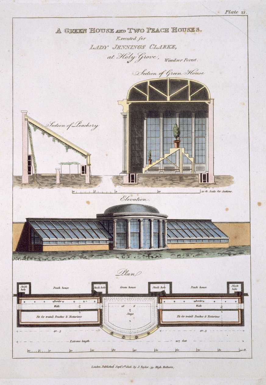 Entwurf für ein Gewächshaus und zwei Pfirsichhäuser, 1806 von English School