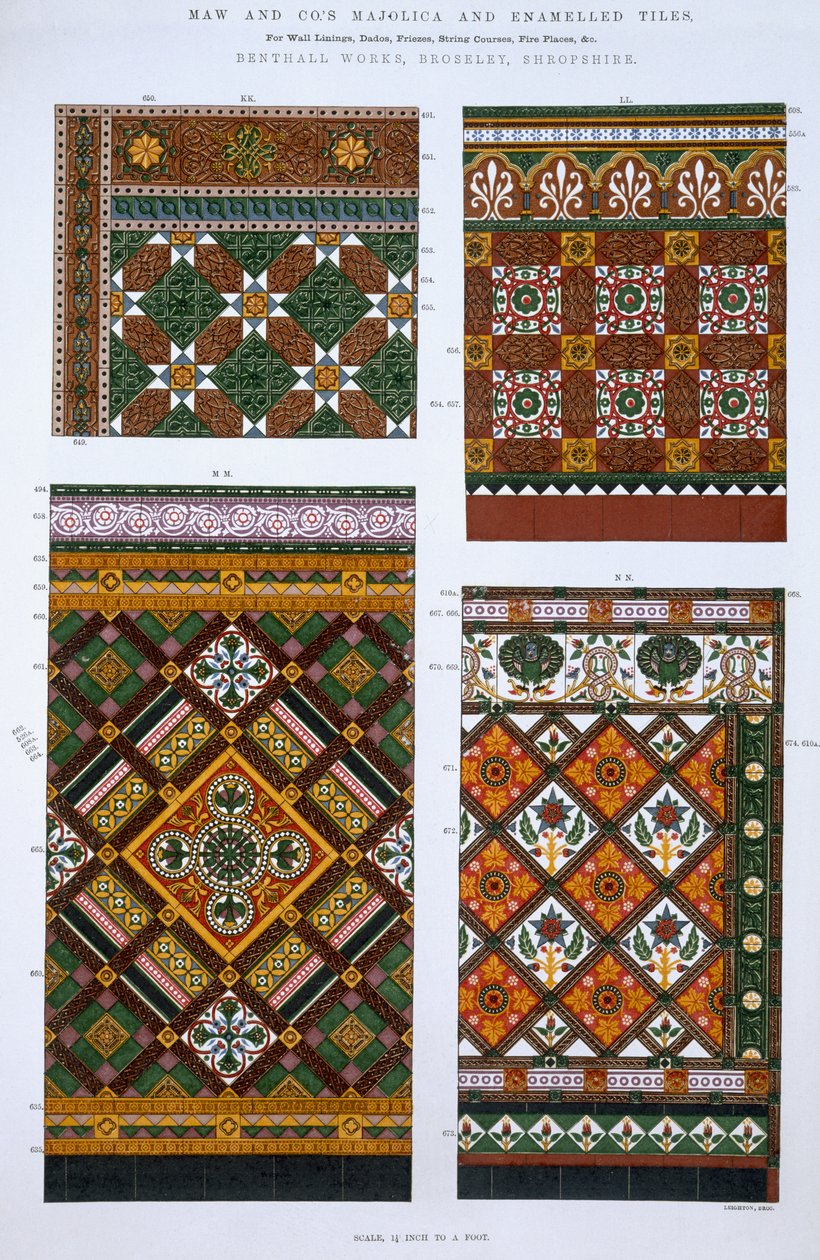 Entwürfe für Majolika- und Emailfliesen für Maw & Co., Benthall Works, Brosley, Shropshire von English School