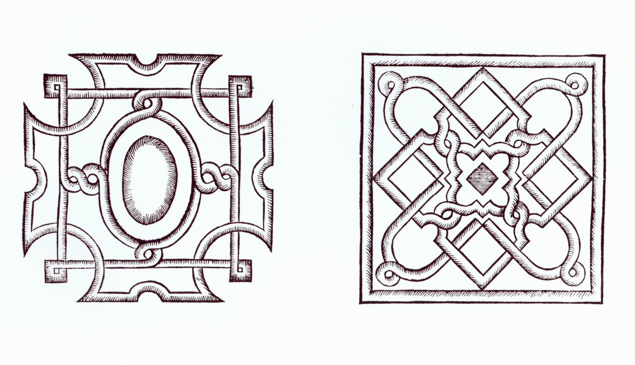 Entwürfe für einen Knoten-Garten, aus Der Garten der Landhausfrau, von William Lawson, veröffentlicht 1638 von English School