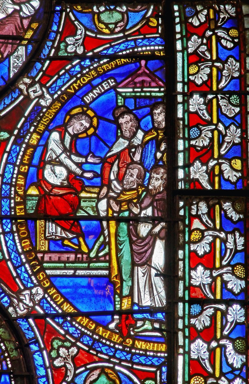 Detail eines der Bibelfenster, das Daniel und die Ältesten zeigt (Detail) von English School