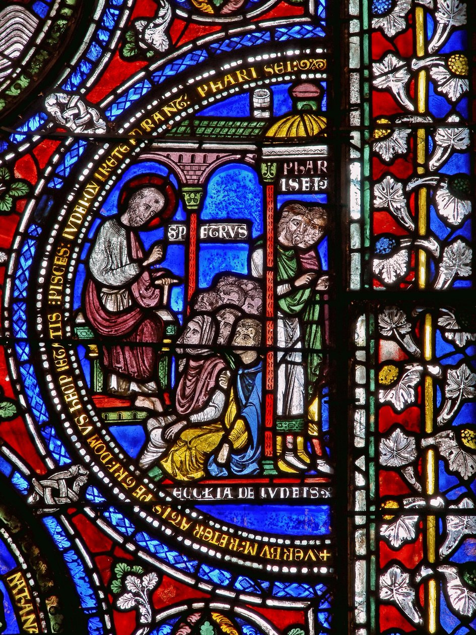 Detail eines der Bibelfenster, das St. Peter beim Predigen zeigt (Detail) von English School