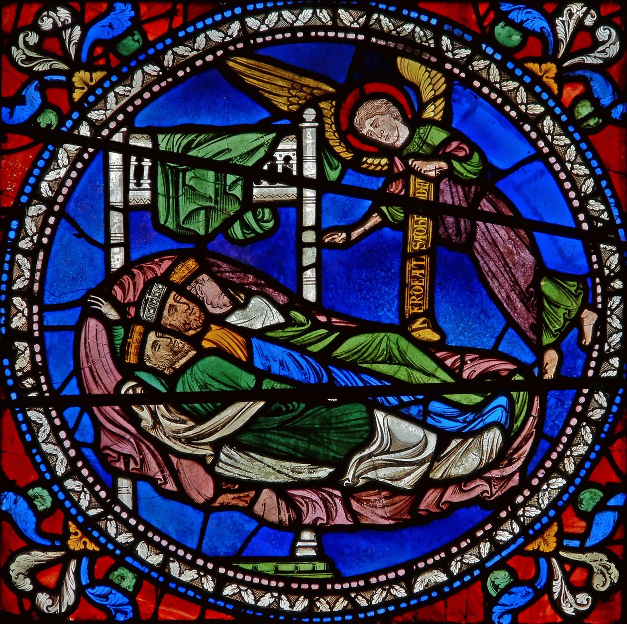 Detail eines der Bibelfenster, das drei Magierkönige im Schlaf mit einem Engel zeigt (Detail) von English School