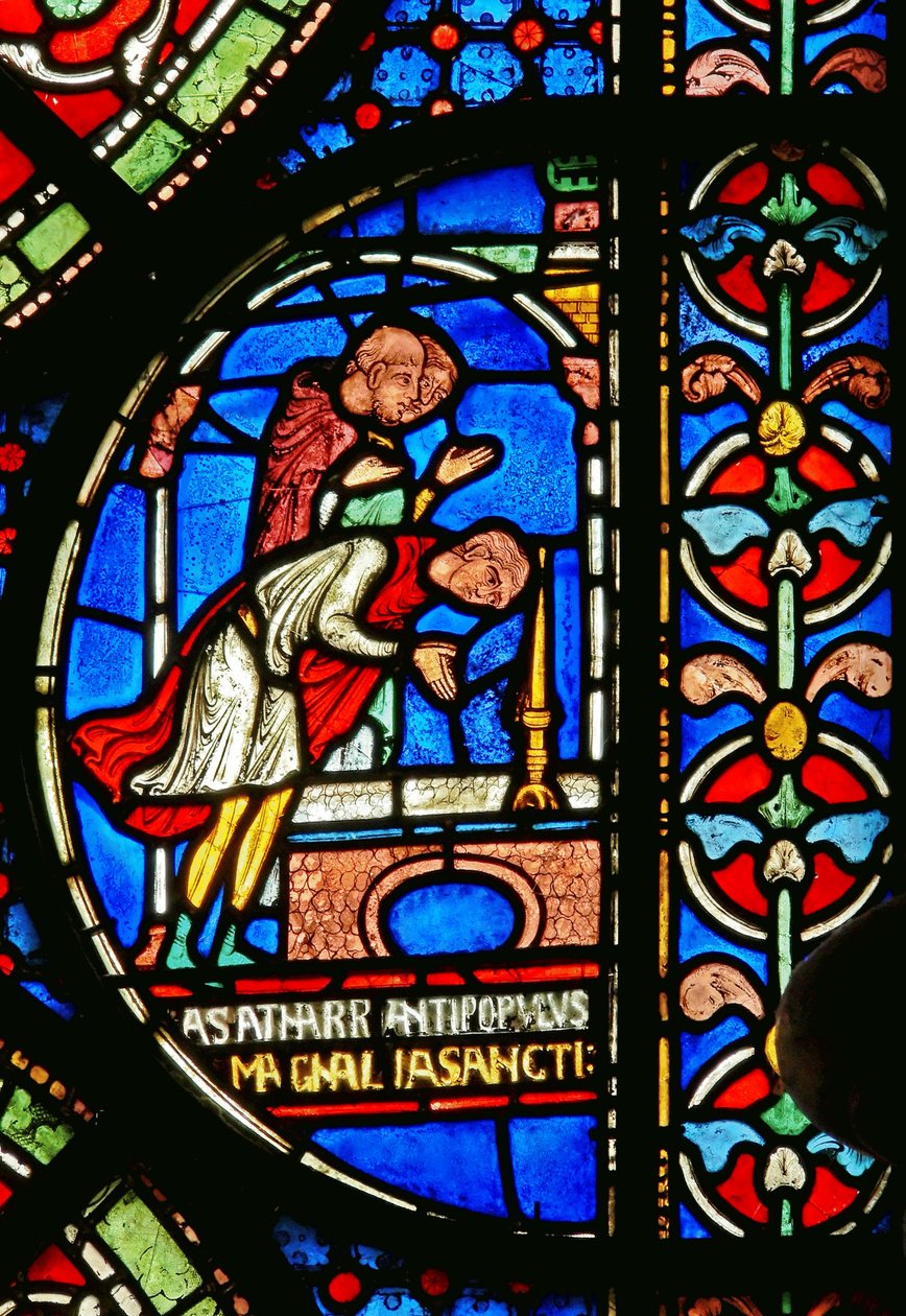 Detail aus dem Wunderfenster, das Eilward von Westoning zeigt, wie er am Grab von Thomas Becket dankt von English School