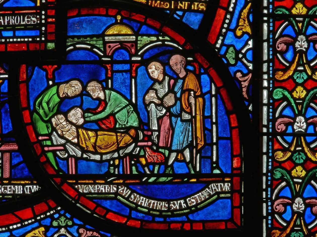 Detail aus dem Wunderfenster, das die Geschichte von Jordan Fitzeisulf darstellt von English School