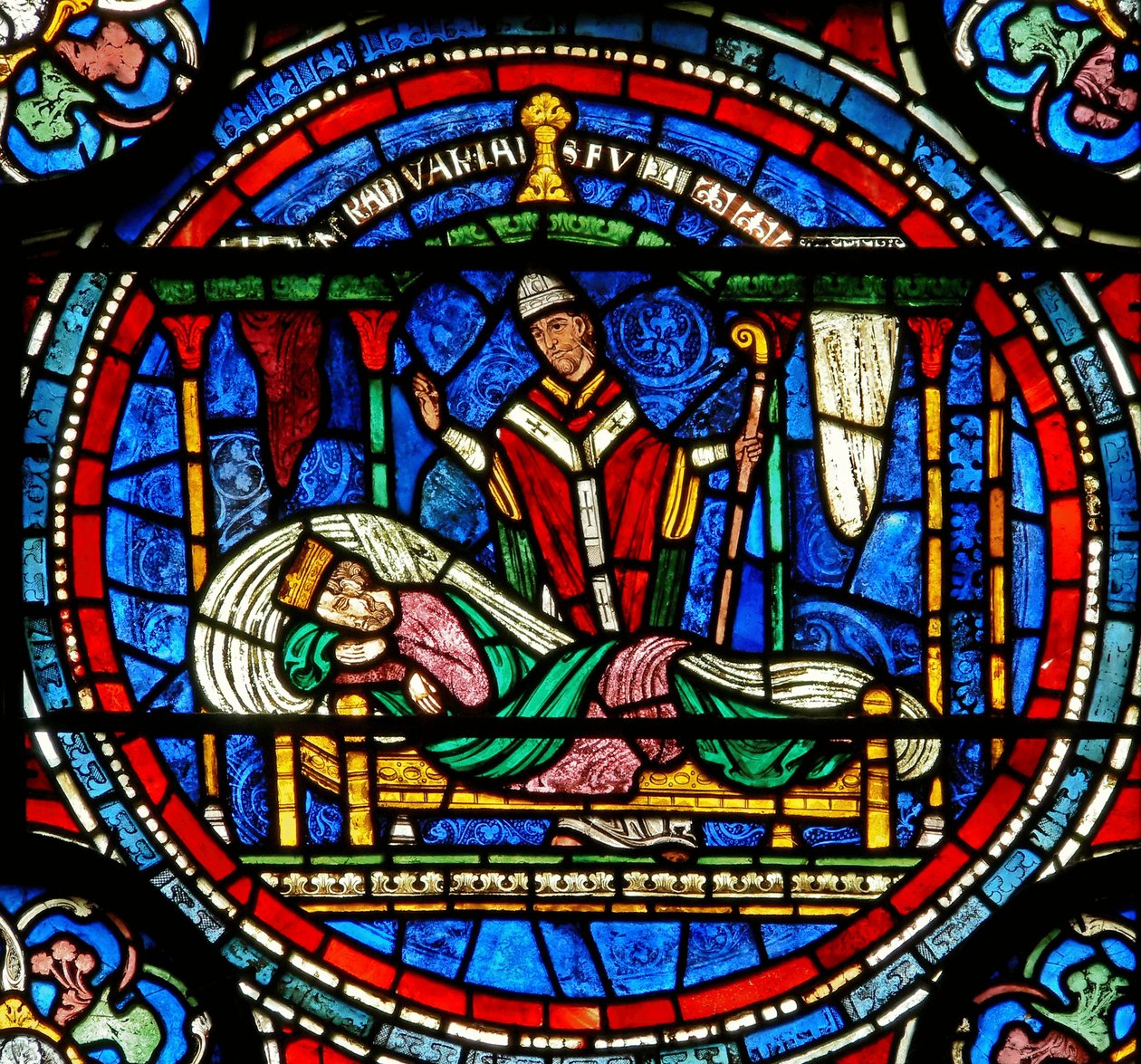 Detail des Wunderfensters, das zeigt, wie König Ludwig VII. von Thomas aufgefordert wird, zu seinem Grab zu gehen (Detail) von English School