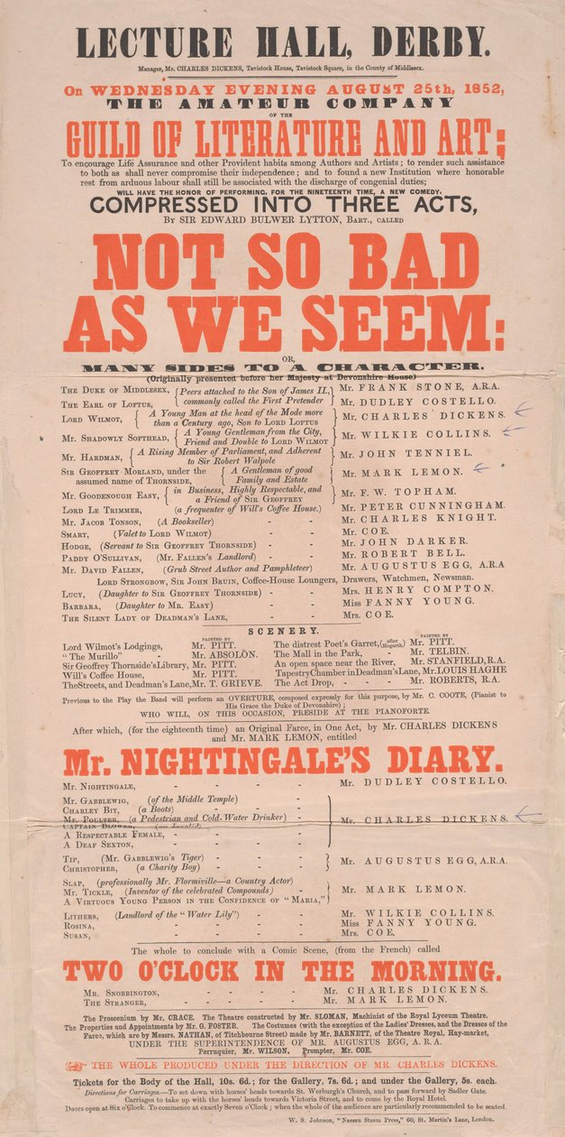 Dickens Spielplan: Not So Bad As We Seem im Lecture Hall, Derby, Programm für den 25. August 1852 von English School