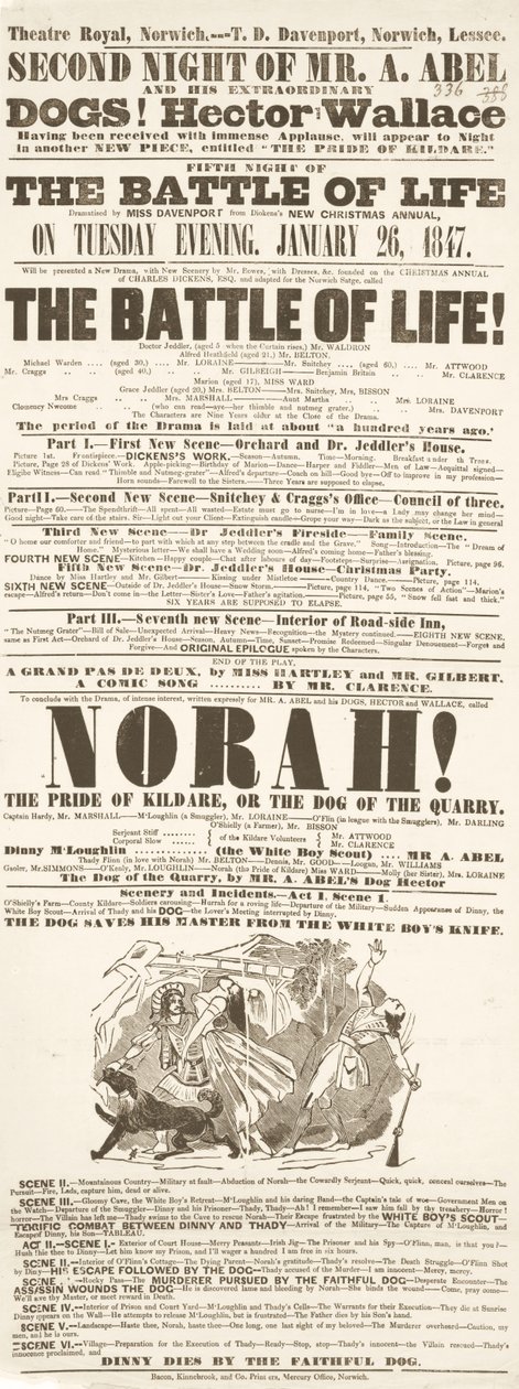 Dickens Spielplan: The Battle of Life im Theatre Royal, Norwich, 26. Januar 1847 von English School