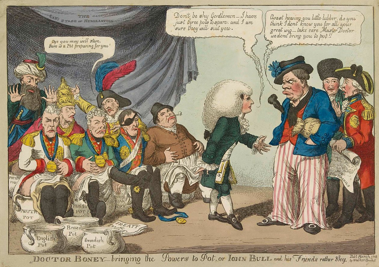 Doktor Boney bringt die Mächte zum Topf, 1808, handkolorierte Gravur von English School