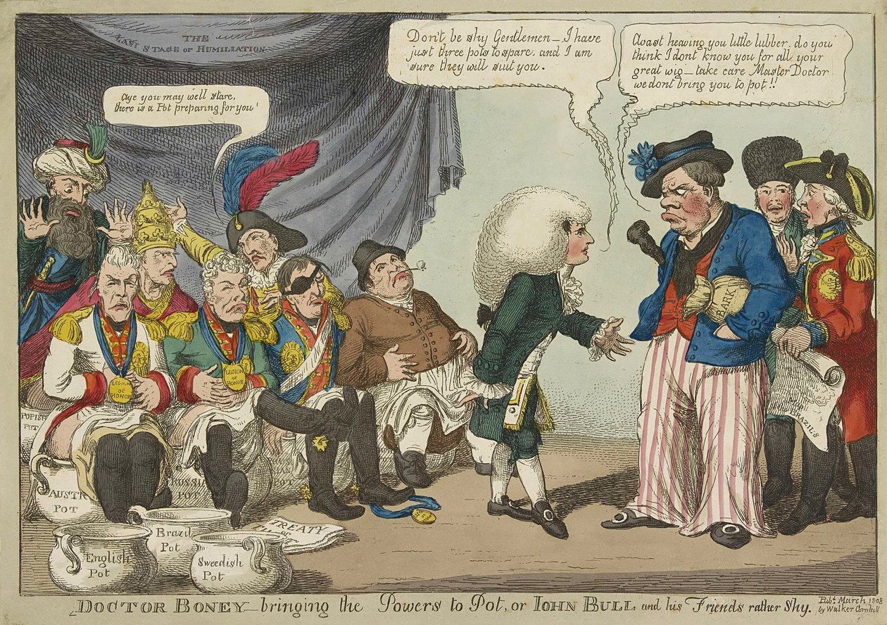 Doktor Boney bringt die Mächte zum Kochen, oder John Bull und seine Freunde sind eher schüchtern, veröffentlicht 1808 (handkolorierte Gravur) von English School