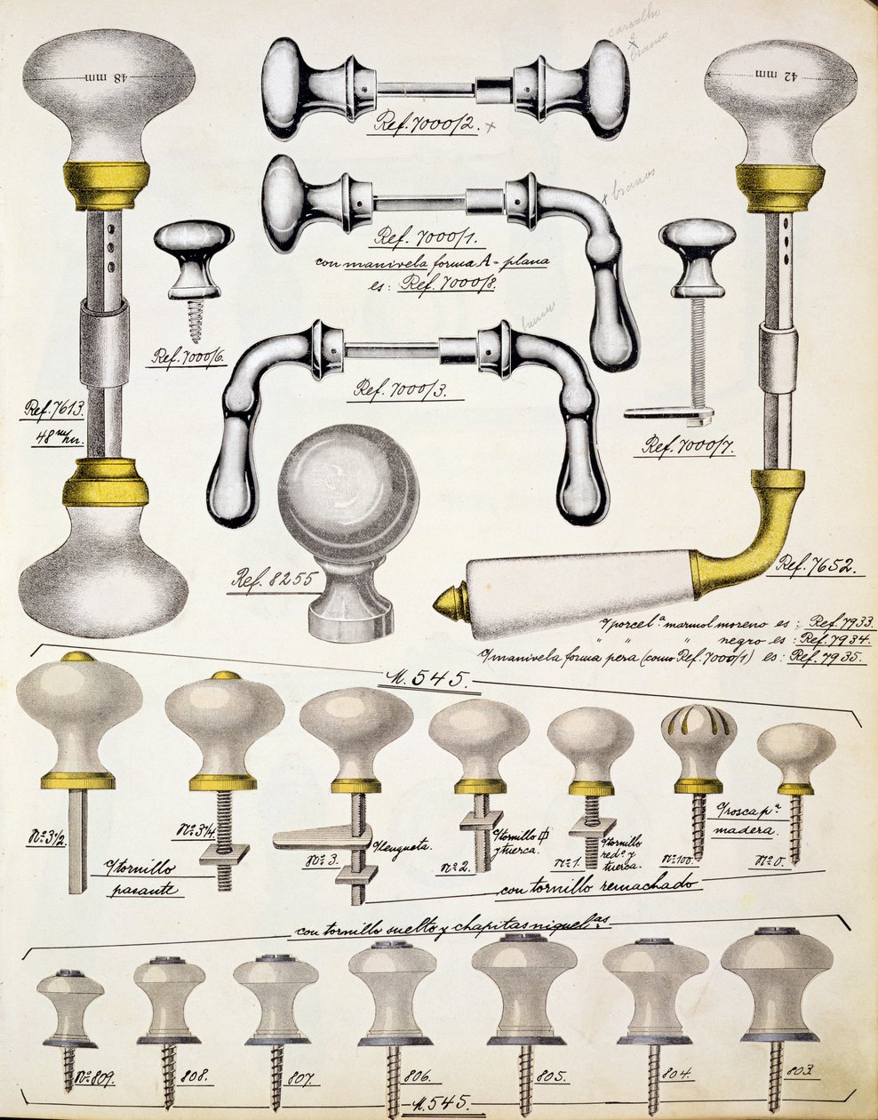 Türgriffe, aus einem Handelskatolog für Haushaltswaren und Einrichtungsgegenstände, ca. 1890-1910 von English School