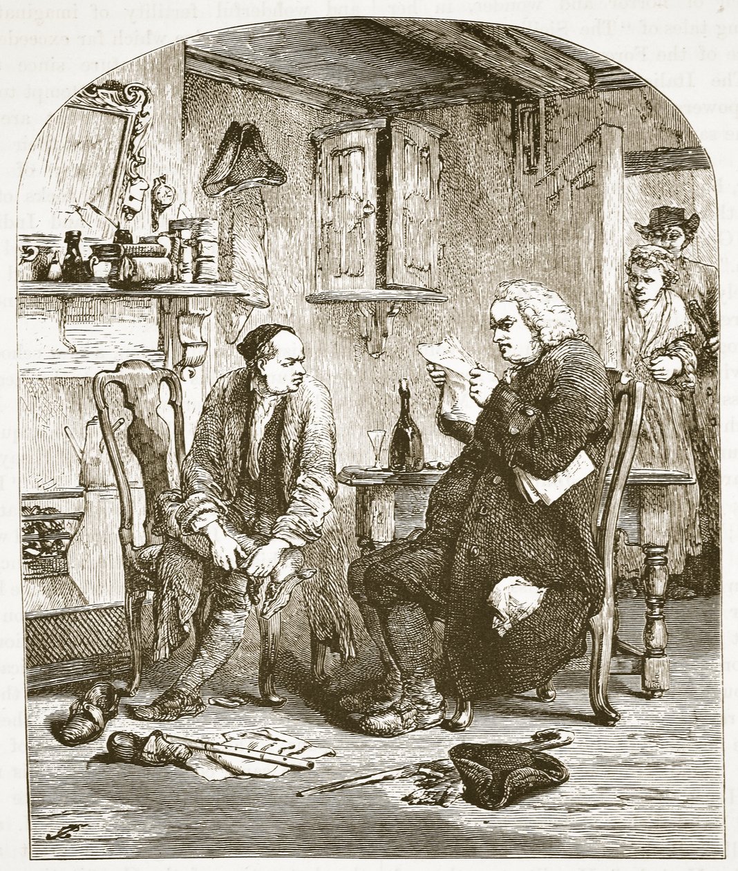 Dr. Johnson liest das Manuskript des Pfarrers von Wakefield, Illustration aus Cassells Illustrierter Geschichte Englands von English School