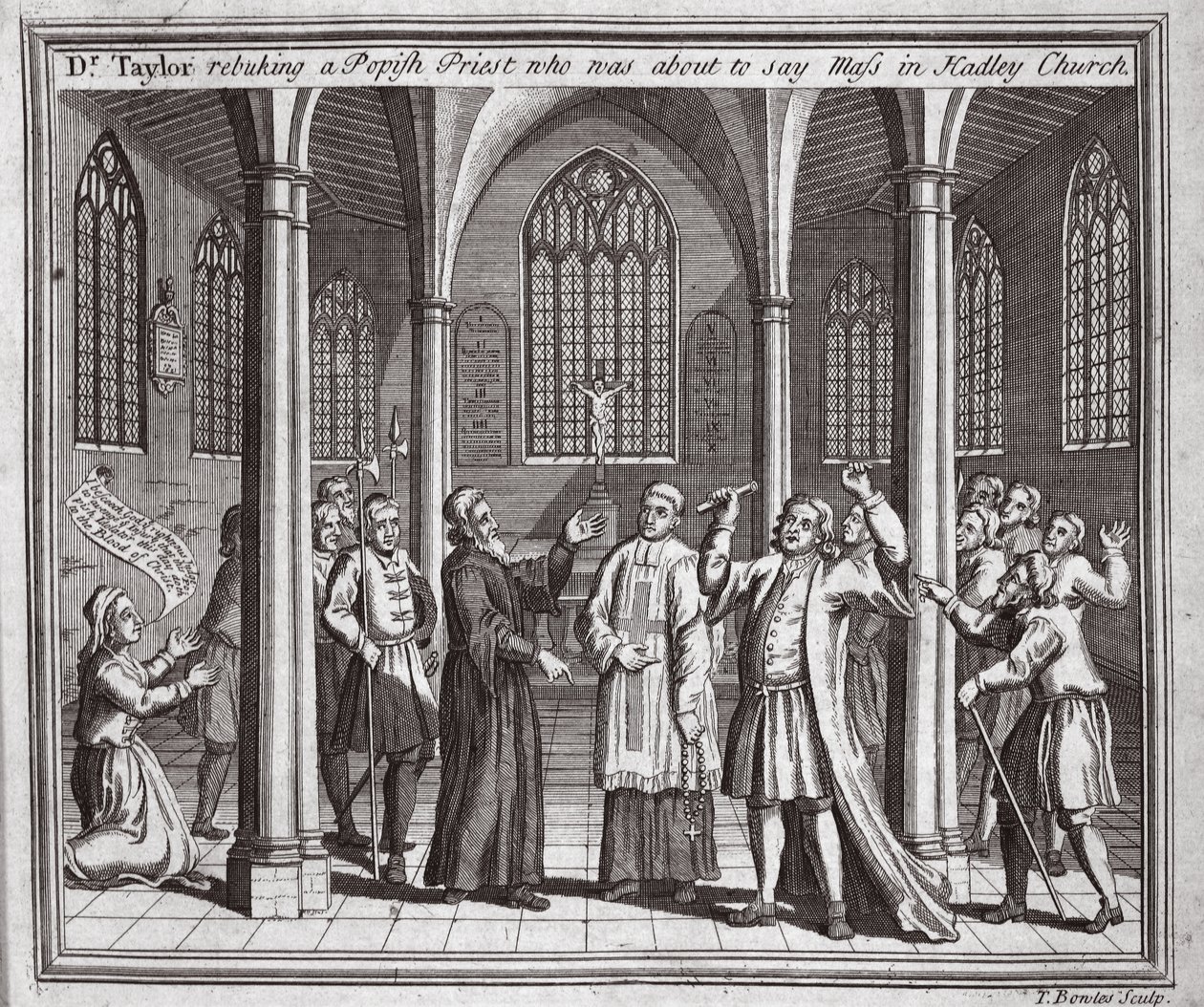 Dr. Taylor tadelt einen papistischen Priester, der im Begriff war, in der Hadley-Kirche die Messe zu lesen, Illustration aus Foxes Märtyrer, ca. 1703 von English School