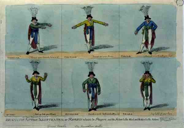 "Dramatische Aktion illustriert, oder Hamlets Rat an die Schauspieler: Passe die Aktion dem Wort und das Wort der Aktion an", veröffentlicht von Thomas Tegg, ca. 1811 von English School
