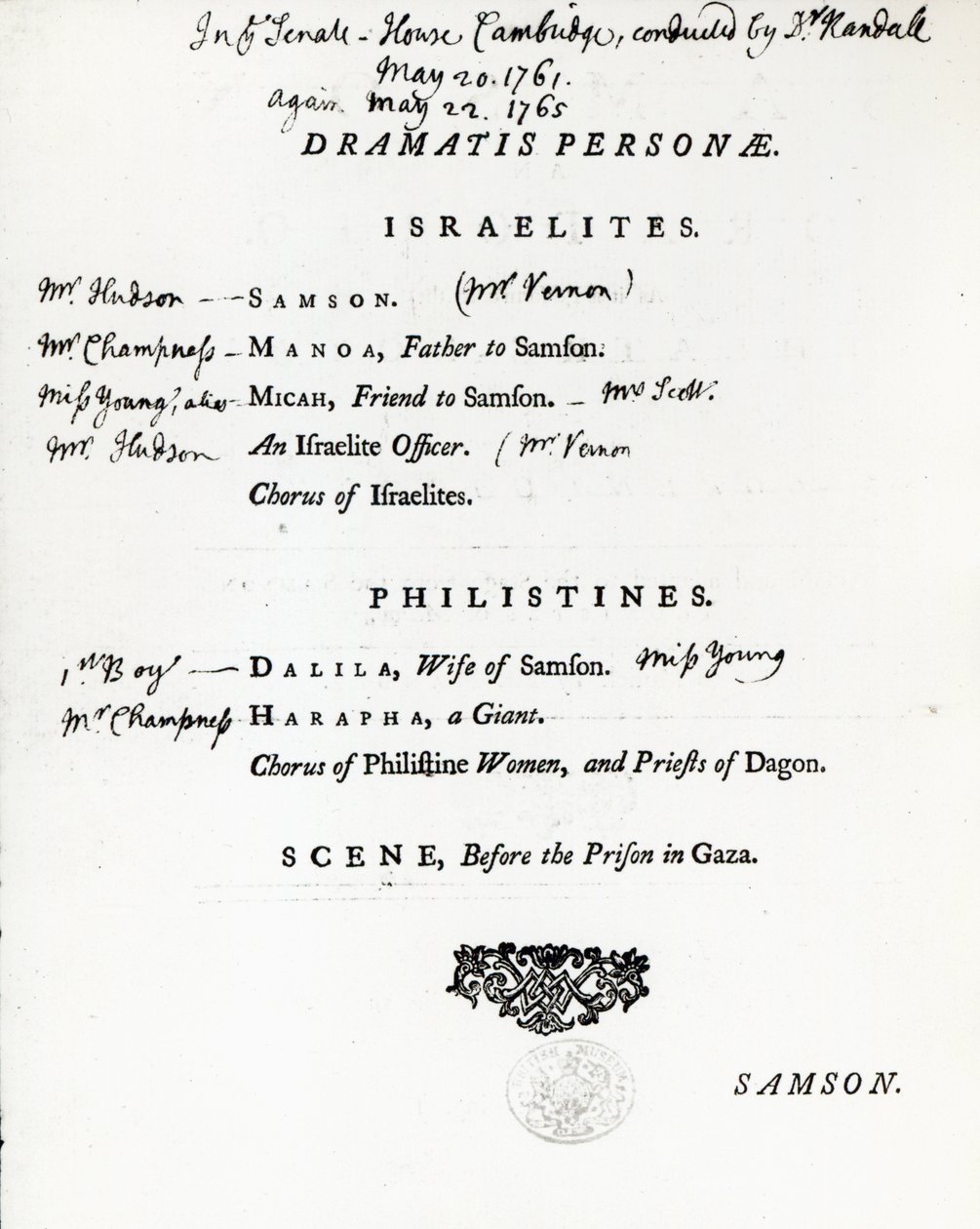 Dramatis Personae für Samson, ein Oratorium von Händel von English School