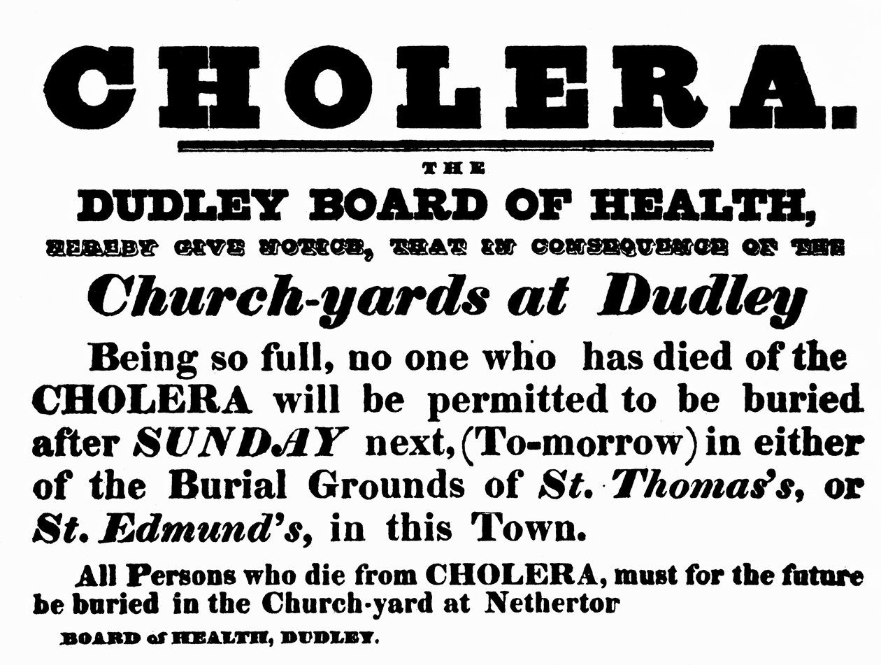 Plakat des Gesundheitsamtes von Dudley, das das Begräbnisverfahren für Menschen ankündigt, die an Cholera gestorben sind, ca. 1840er Jahre von English School