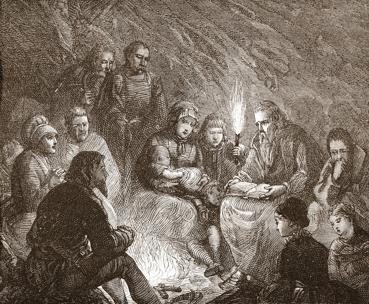 Versteckte niederländische Protestanten, Illustration aus Die Geschichte des Protestantismus von James Aitken Wylie, veröffentlicht 1878 von English School