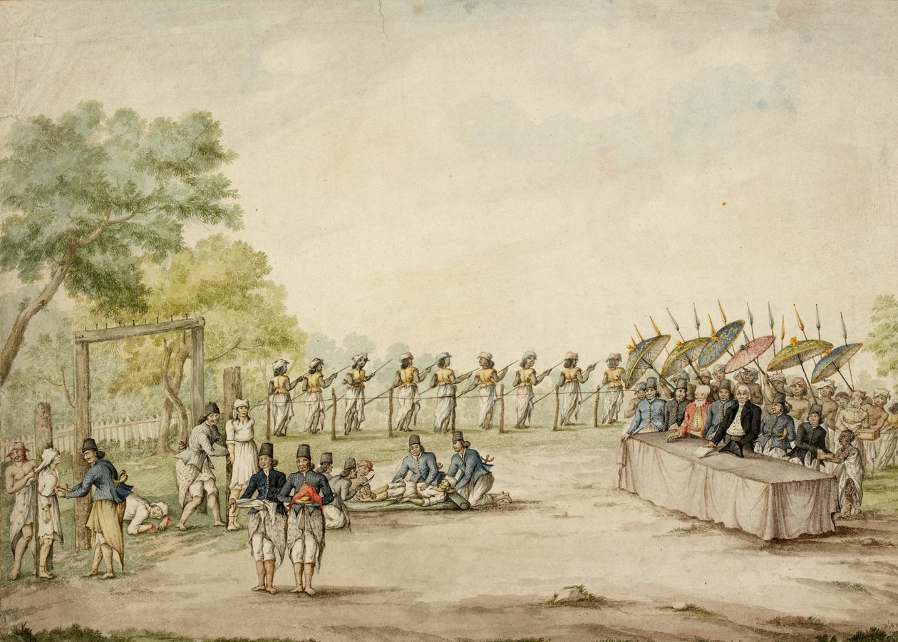 Niederländischer Richter und javanische Herrscher, die die Hinrichtung und Verstümmelung von Kriminellen beobachten, Java von English School
