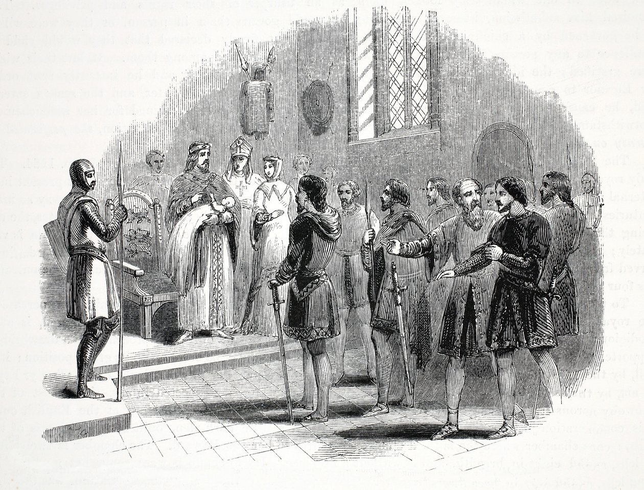 Edward der Erste präsentiert den walisischen Häuptlingen einen unter ihnen geborenen Prinzen in Rhuddlan Castle von English School