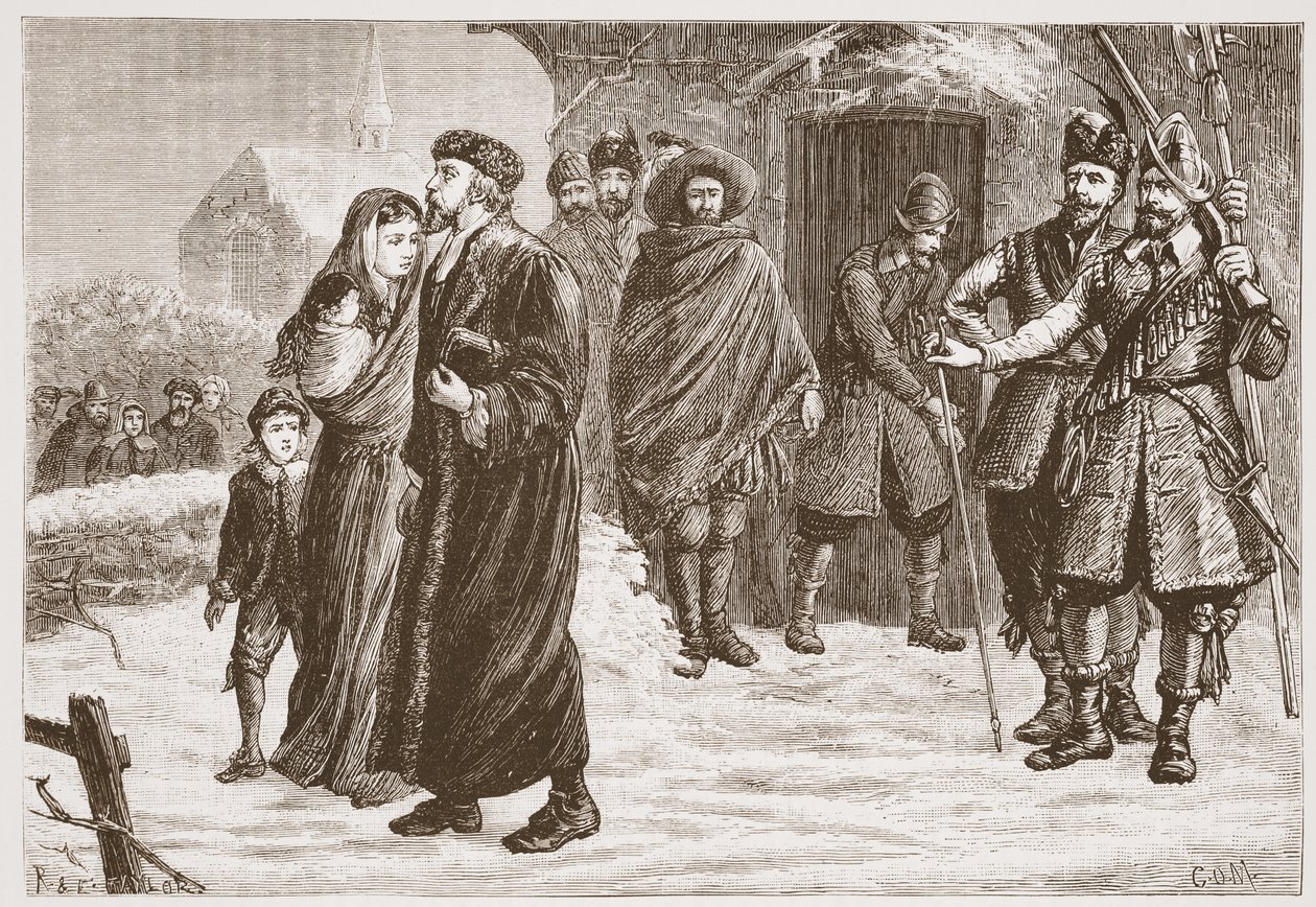 Vertreibung eines ungarischen protestantischen Pastors im Winter, Illustration aus The History of Protestantism von James Aitken Wylie, veröffentlicht 1878 von English School