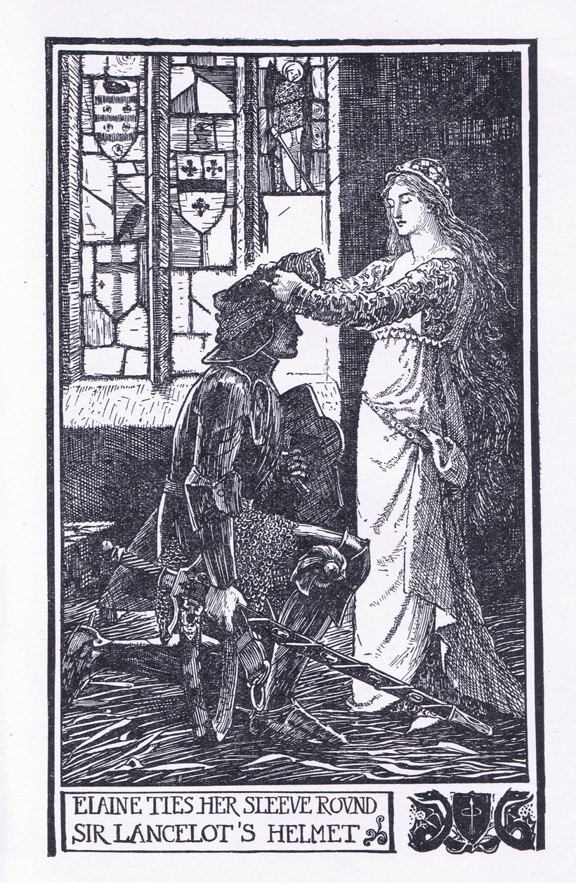 Elaine bindet ihren Ärmel um Sir Lancelots Helm, Illustration aus 