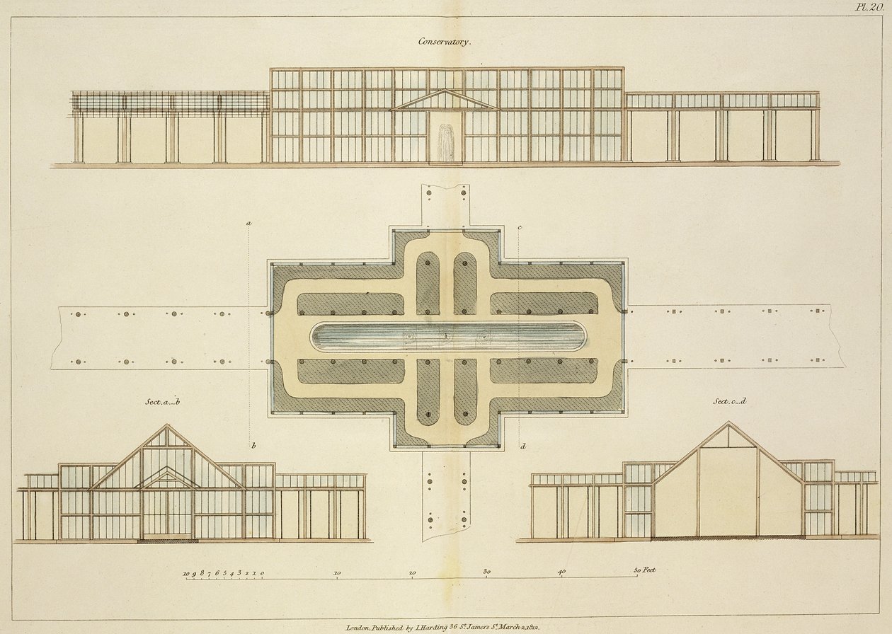 Ansichten und Grundriss eines Gewächshauses, aus Hints on the Formation of Gardens and Pleasure Grounds von John Claudius Loudon (1783-1843) veröffentlicht 1812 von English School