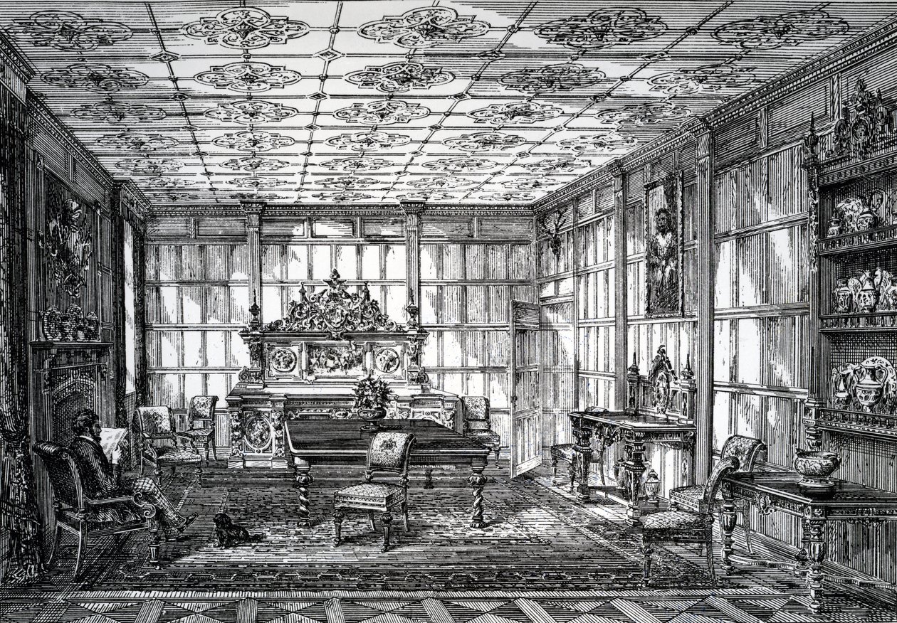 Elisabethanisches Esszimmer, veröffentlicht in The House-Furnisher & Decorator, 1. Oktober 1872 von English School