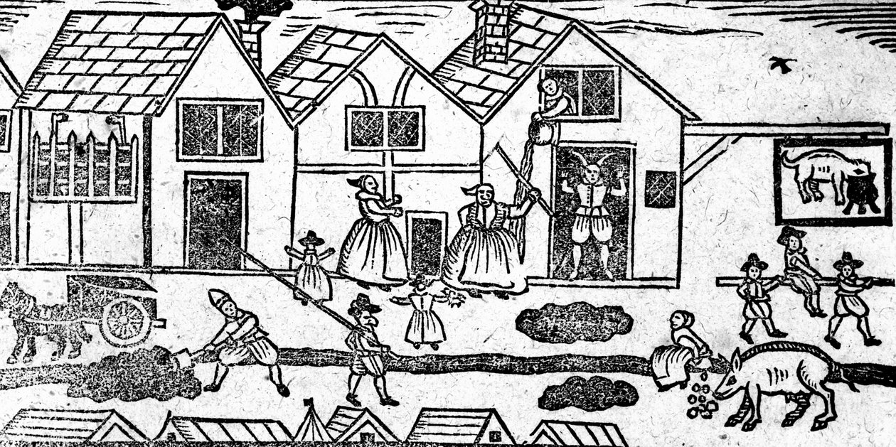 Elisabethanische Straßenszene, aus A Book of Roxburghe Ballads von English School
