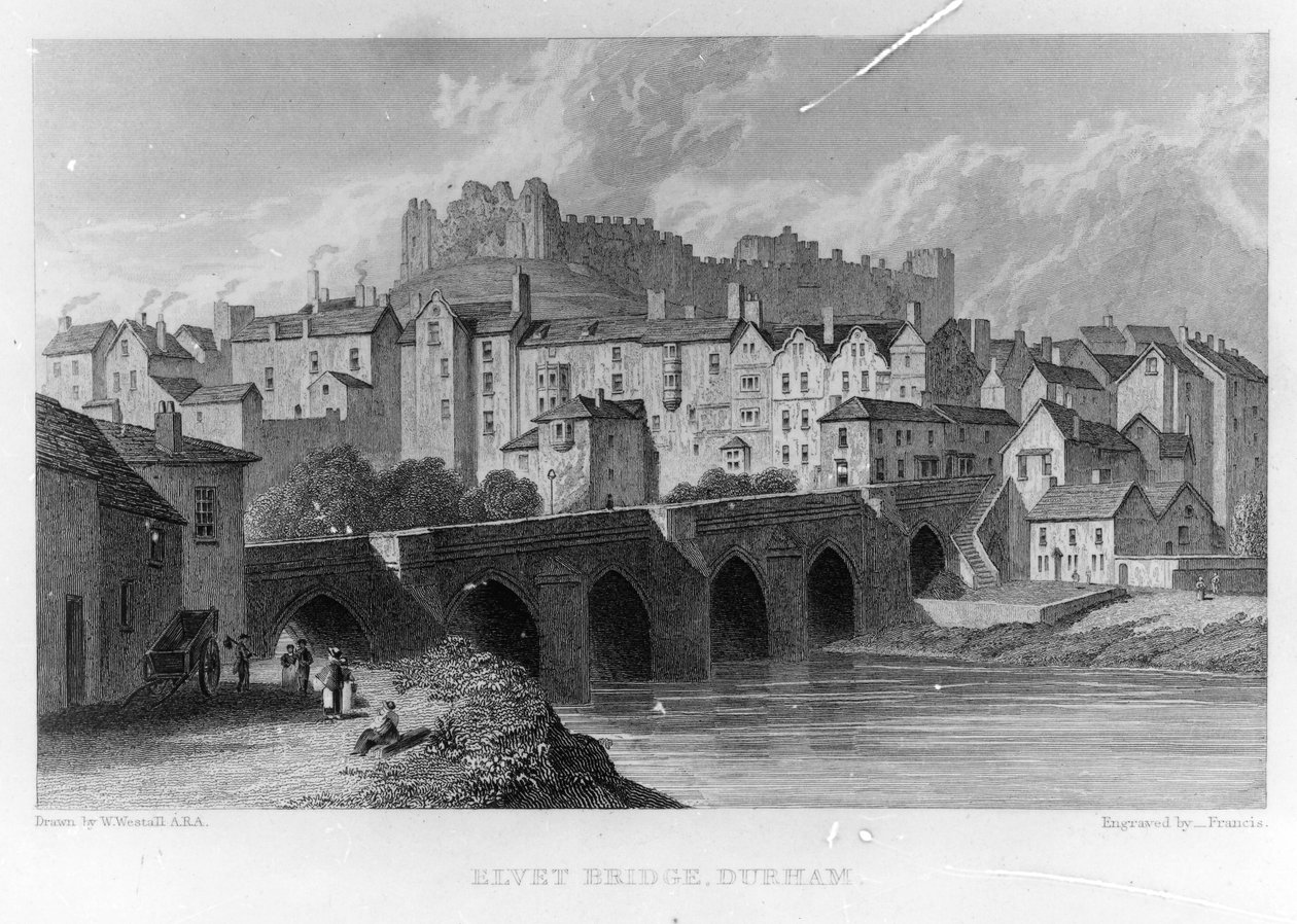 Elvet Bridge, Durham, graviert von ? Frances nach W. Westall, 1829 von English School