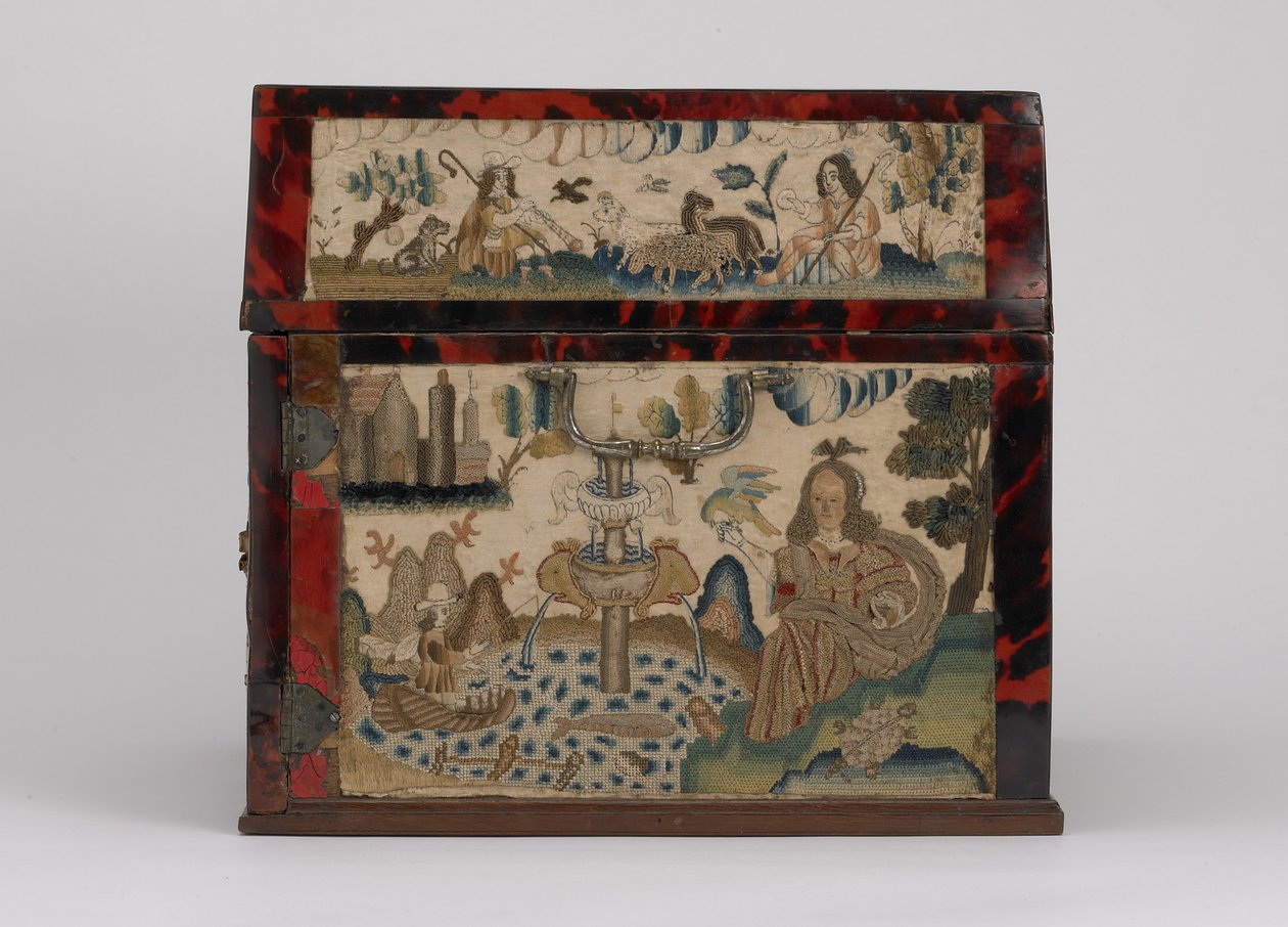 Bestickter Kasten, ca. 1660 (Seide, Leinwand, Holz, Schildpatt und Silberbeschläge) von English School
