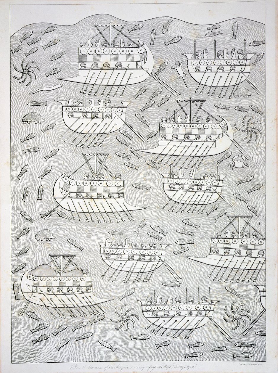 Feinde der Assyrer suchen Zuflucht in Schiffen, Tafel 71 aus Ninive und seine Überreste von Austen Henry Layard (1817-94) veröffentlicht 1849 von English School