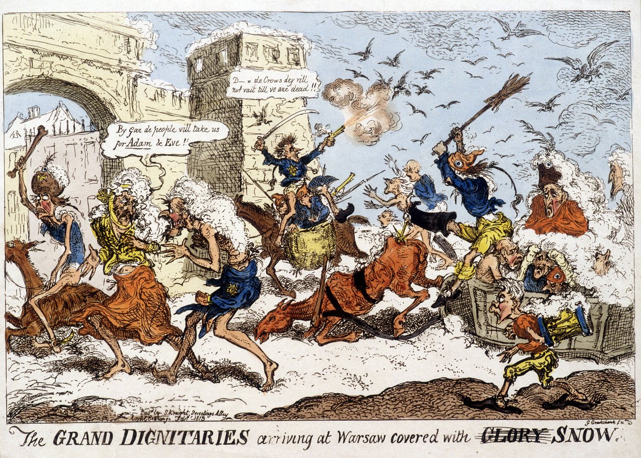 Englische Karikatur über die Ankunft der napoleonischen Armee in Warschau nach dem russischen Rückzug im Dezember 1812 von English School