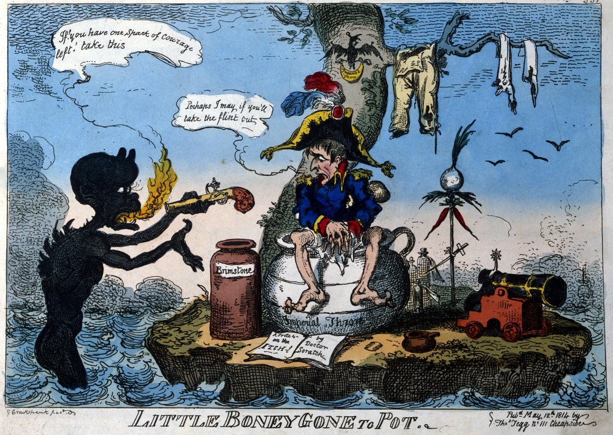Englische Karikatur, die Kaiser Napoleon I. im Exil auf der Insel Elba darstellt: Er sitzt auf seinem neuen Thron in Form eines Nachttopfs, ein Dämon gibt ihm eine Pistole, falls er den Mut hat, sie zu benutzen. Mai 1814. von English School