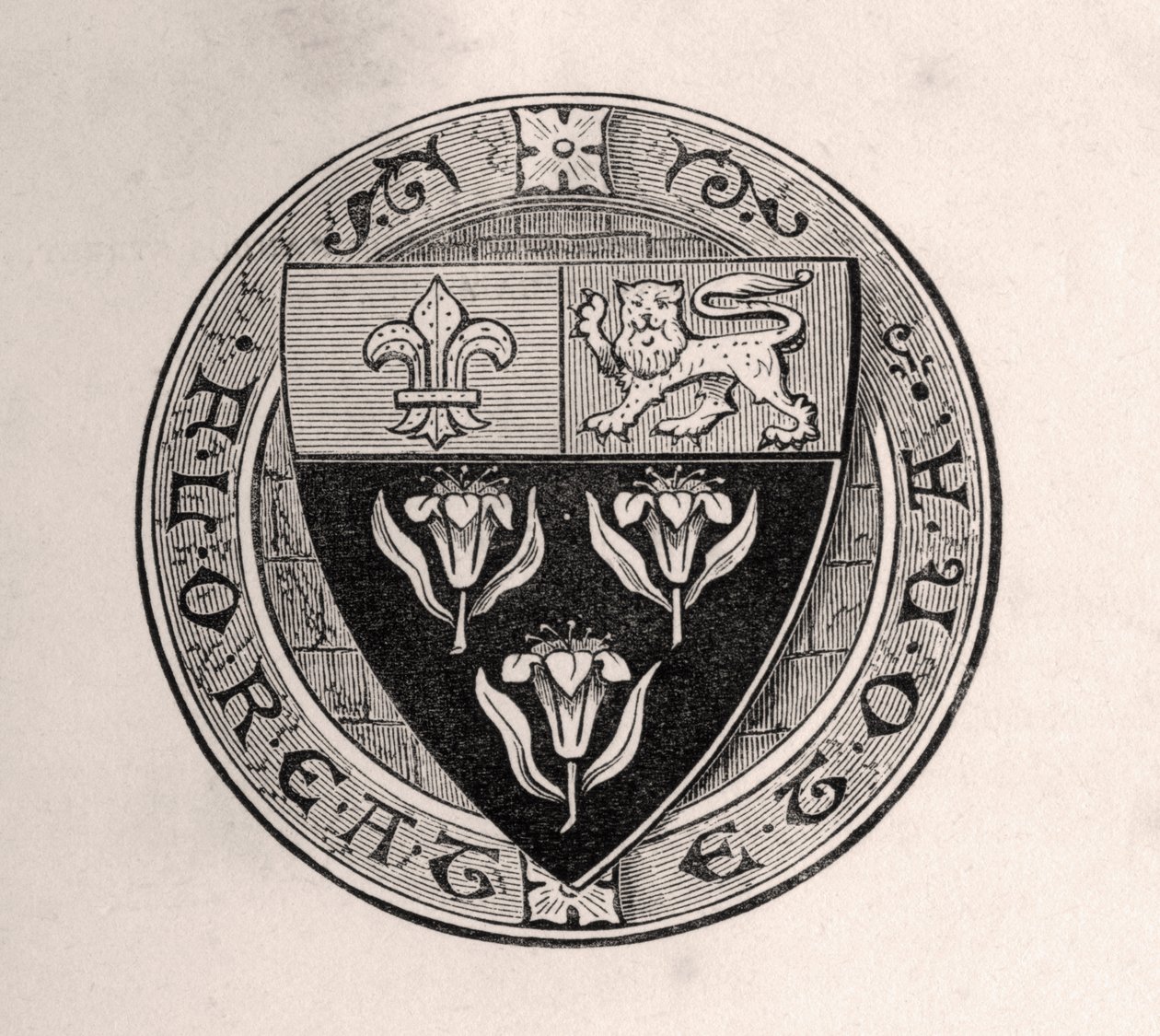 Eton-Schild über Rundel mit Schulmotto, Illustration aus Memoirs of Eminent Etonians von Sir Edward Creasy, veröffentlicht in London 1876 von English School