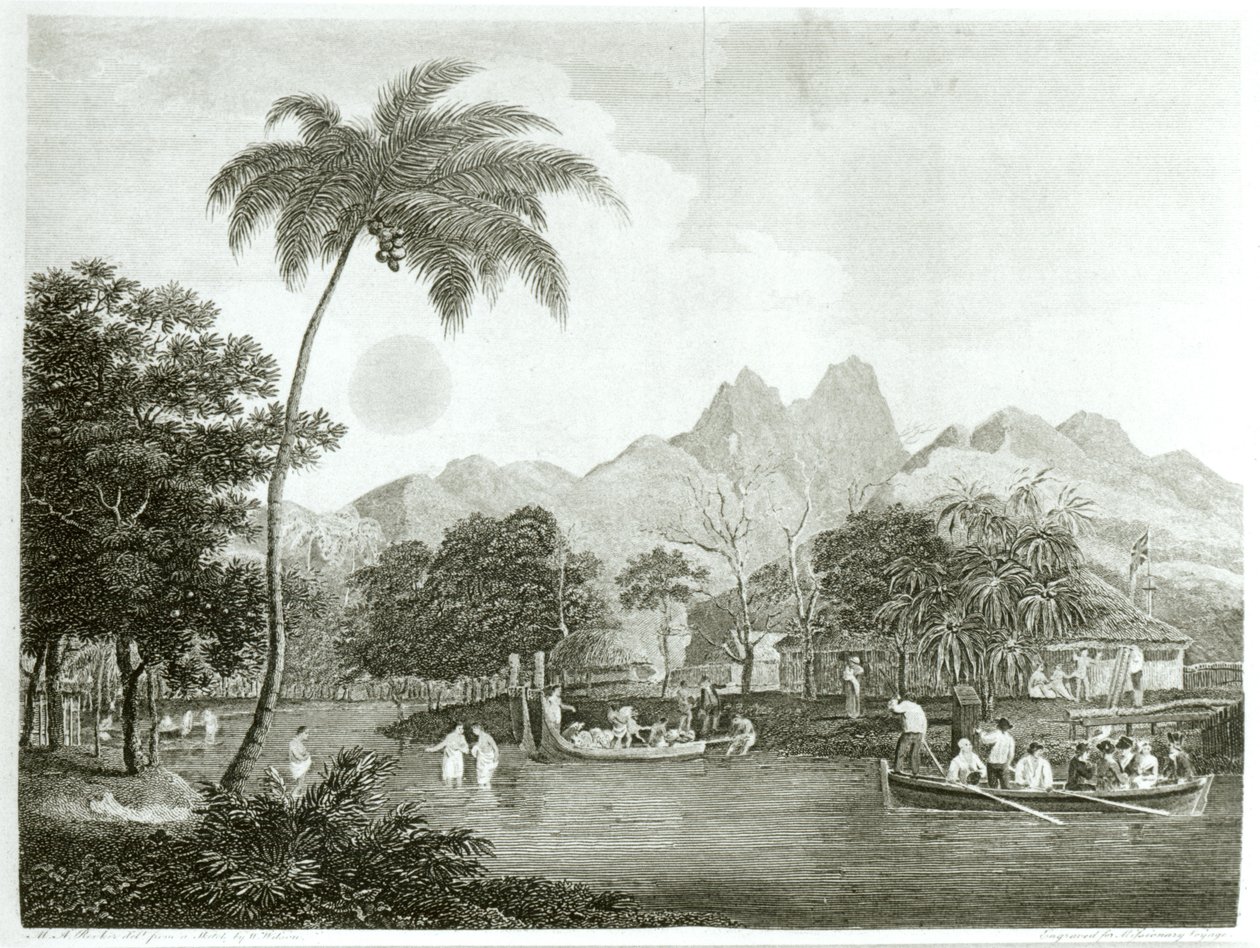 Europäische Missionare in einem tahitianischen Dorf, aus A Missionary Voyage to the Southern Pacific Ocean Performed in the Years 1796-98 in the Ship Duff, veröffentlicht 1799 von English School
