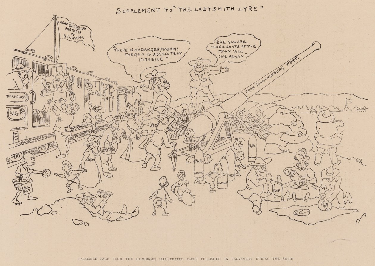 Faksimile-Seite aus der humorvollen illustrierten Zeitung, veröffentlicht in Ladysmith während der Belagerung (Lithografie) von English School