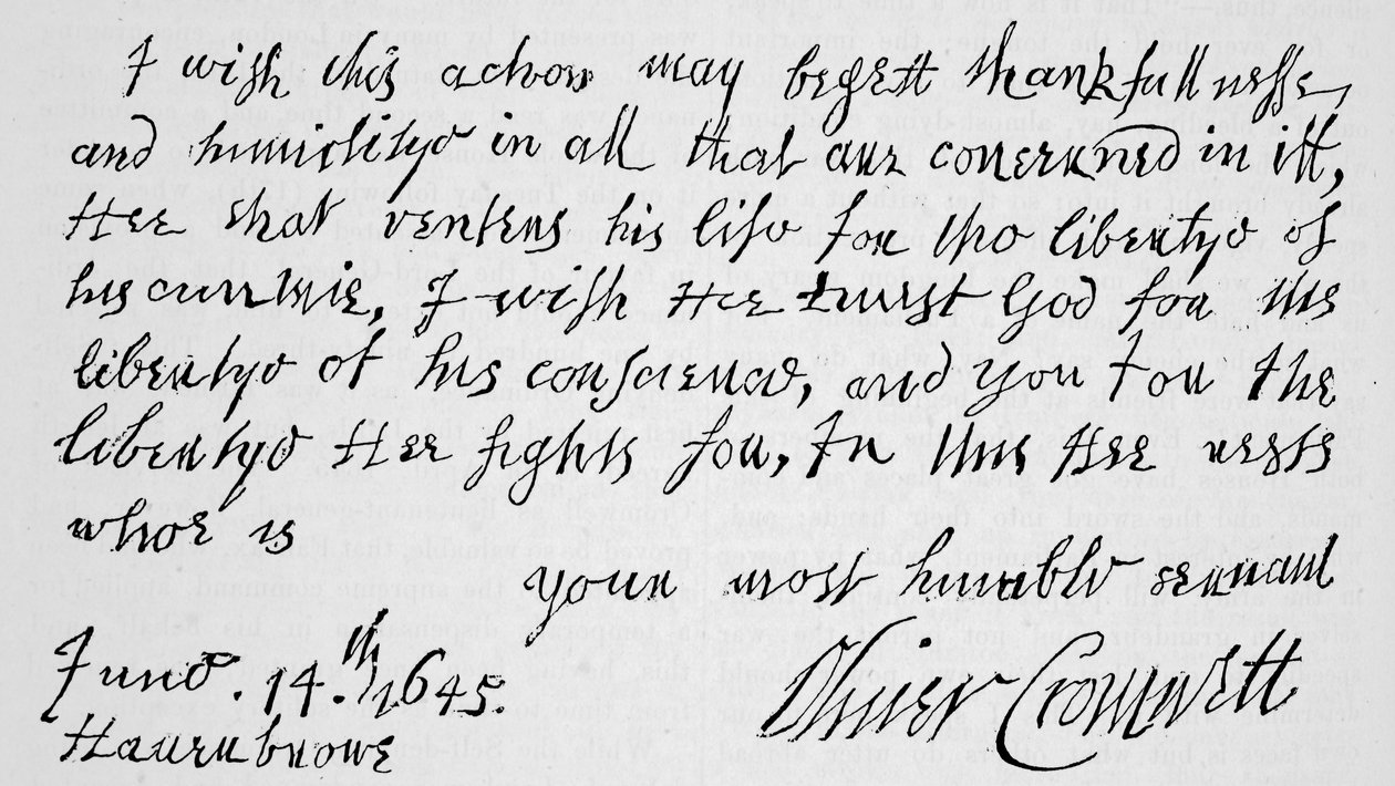 Faksimile eines Teils des Briefes von Cromwell an Lenthall, Sprecher des Unterhauses, in dem er den Sieg von Naseby verkündet von English School