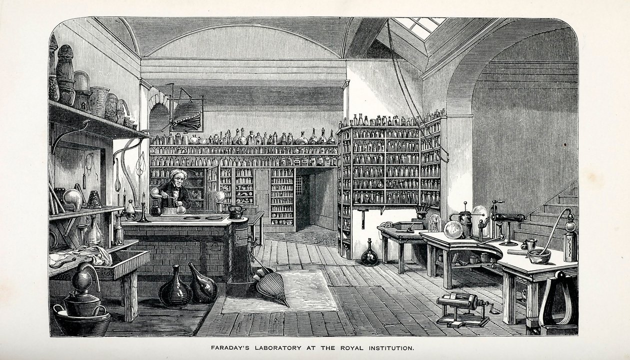Faradays Labor im Royal Institution, veröffentlicht 1870 von English School