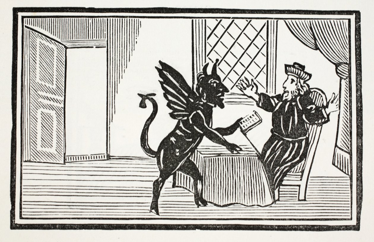 Faustus wird vom Geist gewarnt, sein Ende zu erwarten, Illustration aus Chap-books of the Eighteenth Century von John Ashton, veröffentlicht 1882 von English School