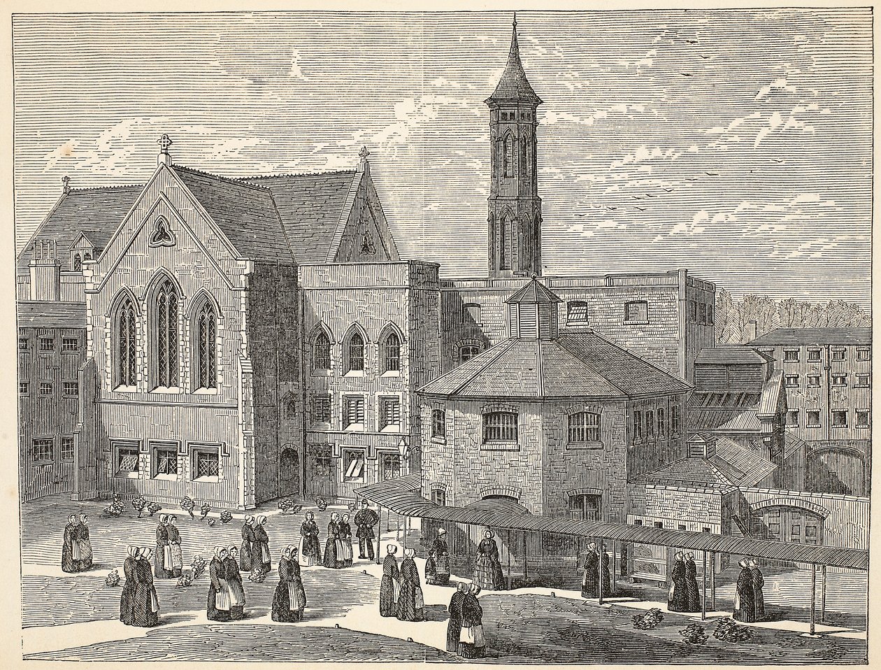 Weibliche Gefangene beim Training im Lüftungshof des Brixton-Gefängnisses, Illustration aus The Criminal Prisons of London and Scenes from Prison Life von Henry Mayhew und John Binny, veröffentlicht 1862 von English School