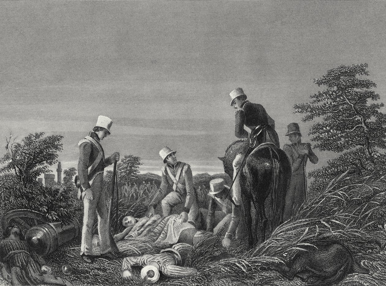 Auffinden der Farben des 24. Regiments nach der Schlacht von Chillianwallah, um 1850 (Gravur) von English School