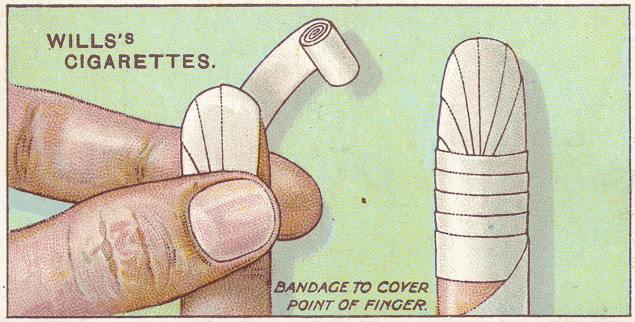 Fingerverband, Nr. 50 aus der Erste-Hilfe-Serie von Willss Zigarettenkarten, 1913 von English School